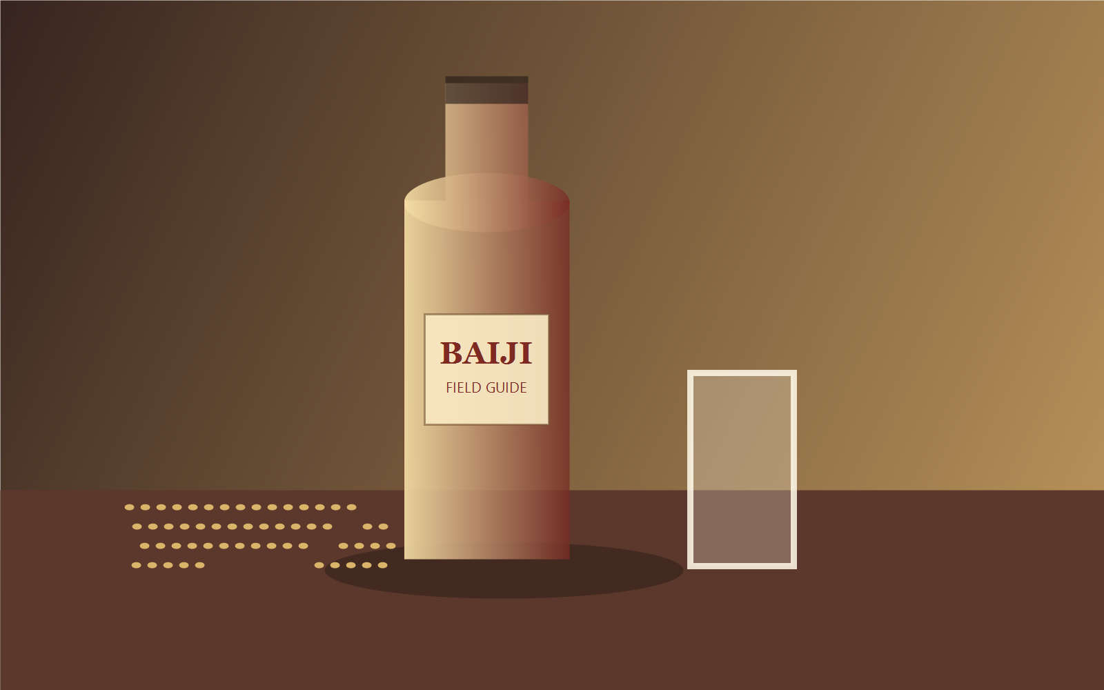 Illustrated baijiu bottle, tasting glass, and grain on a warm table