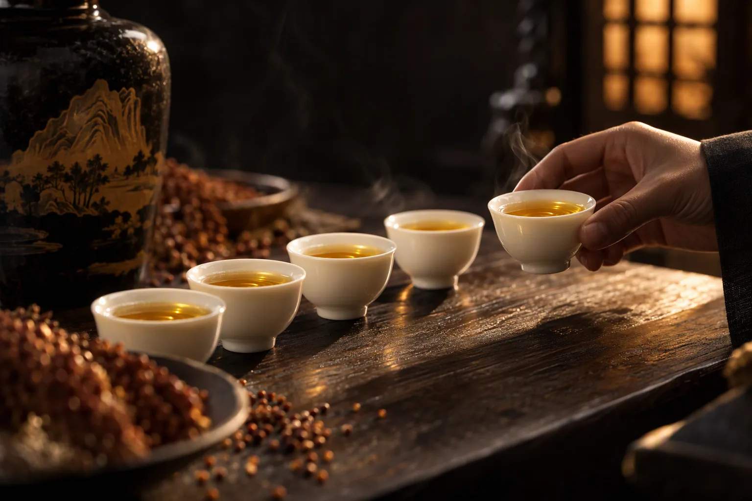 Small porcelain baijiu tasting cups on a dark table