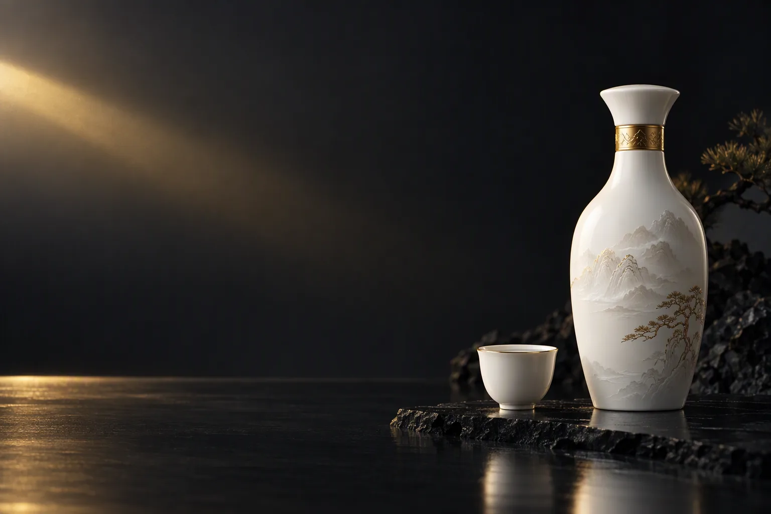 Baijiu bottle and cup in warm light